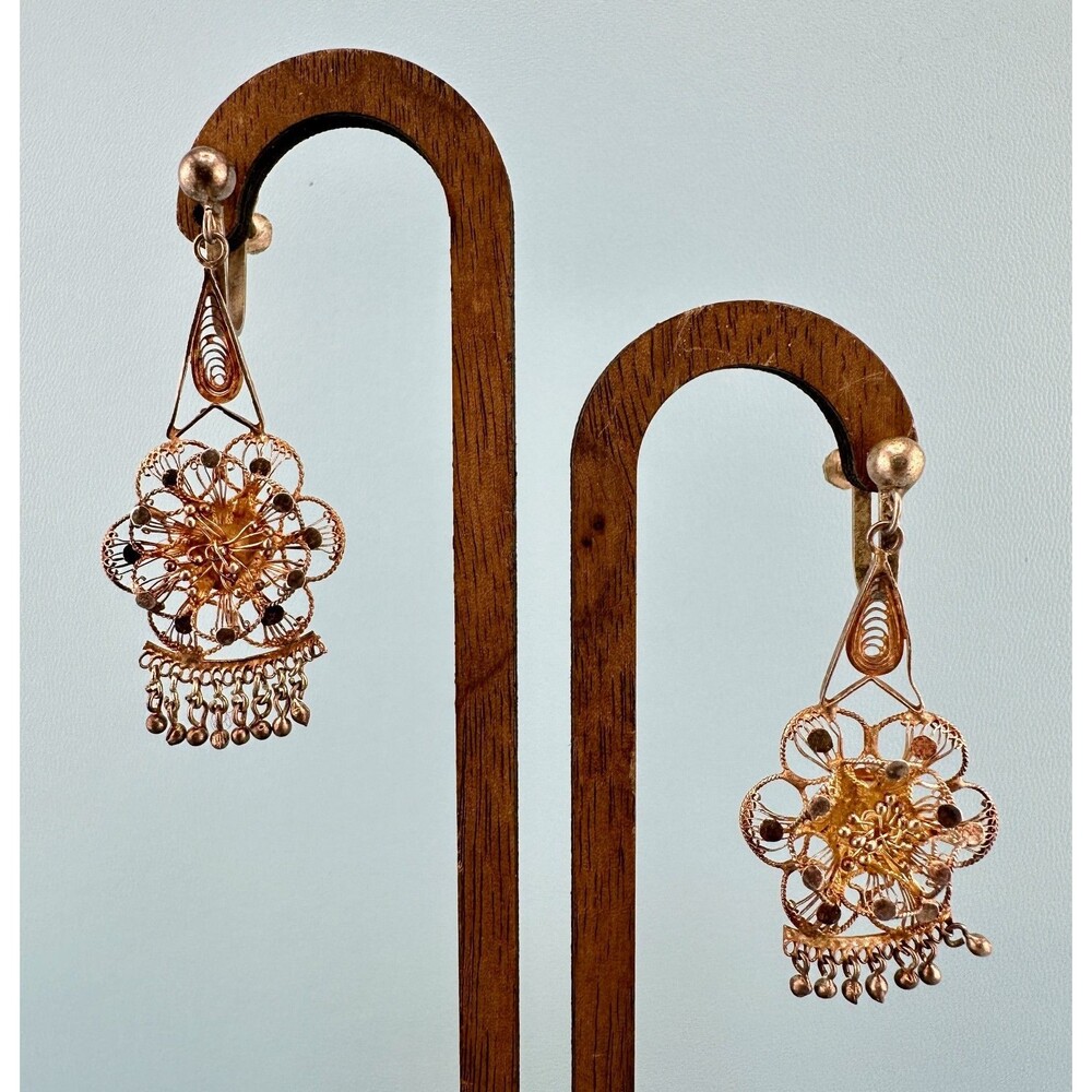 Antique Filigree Chandelier Earrings Gold Plated Over Brass Screw Back Floral